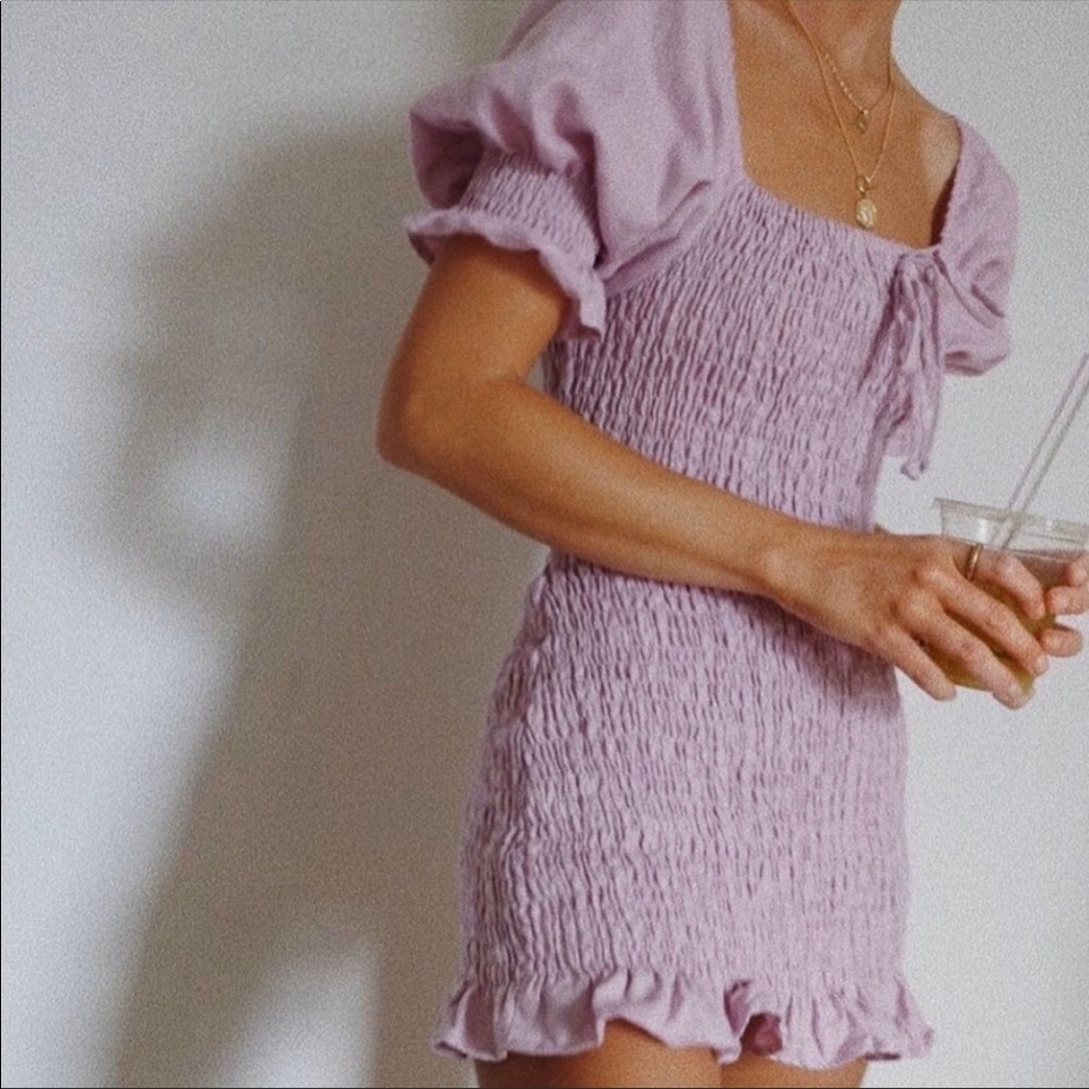 NWT FAITHFULL THE BRAND Linen Lilac Puff Sleeve Ruched Mini Dress SZ:M